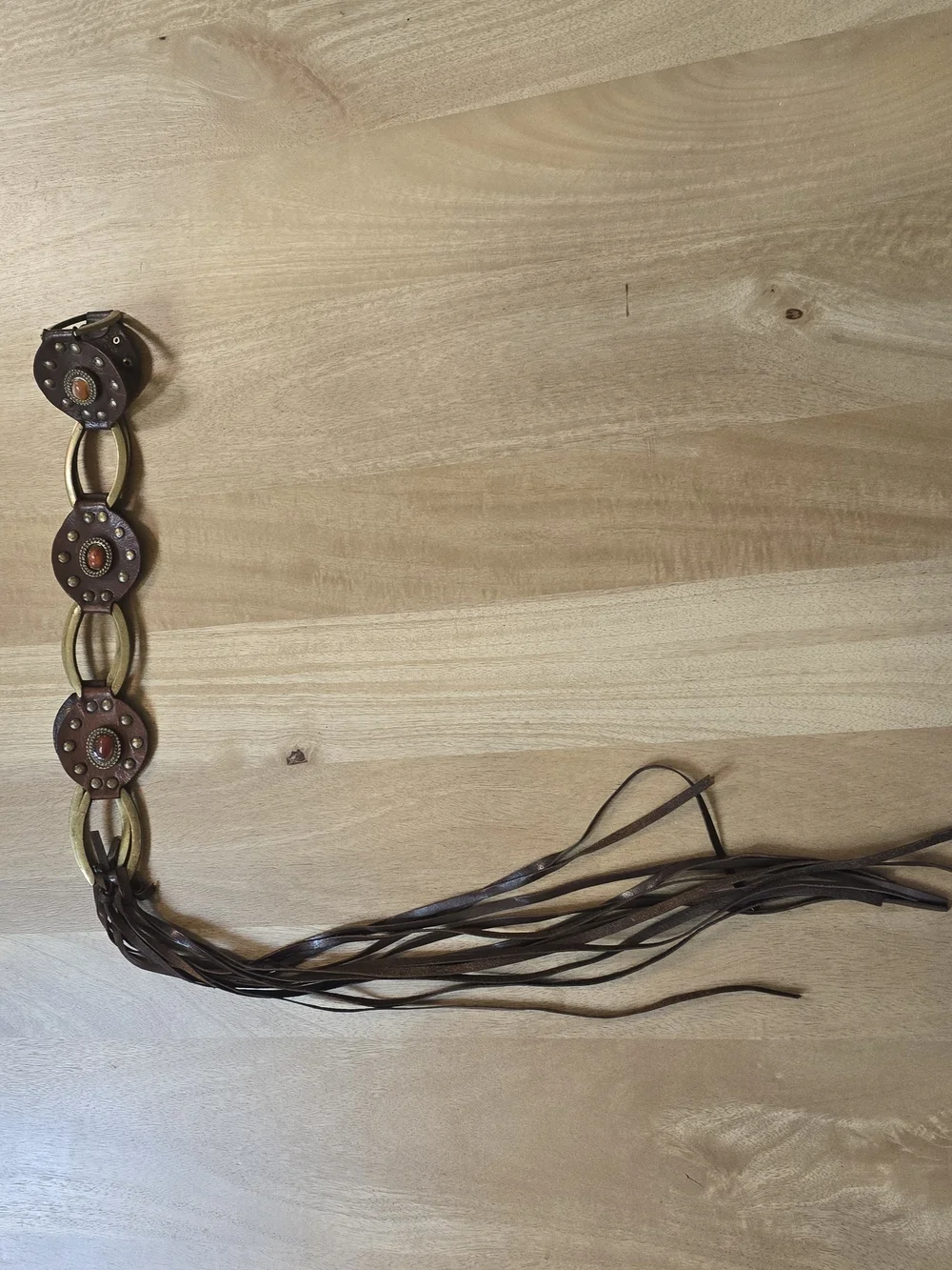 Vintage Y2K Boho Leather Concho Fringe Hip Belt Brass Ring Studded Amber Stones